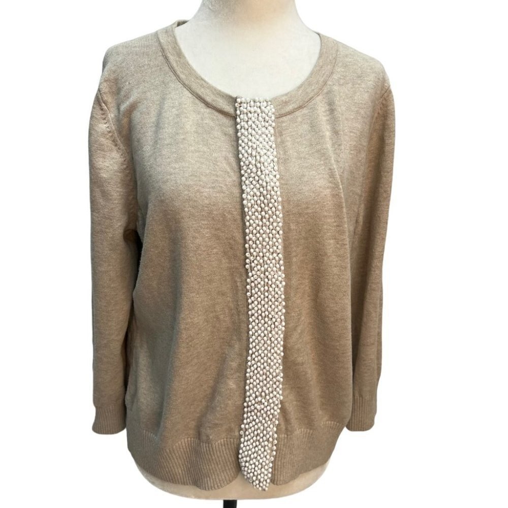 𝅺banana Republic Beige Cardigan Sweater 3/4 sleeve Beaded Front Size XL